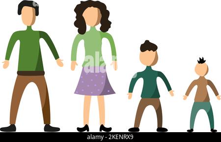 A happy big family stands together with a flat vector illustration. mom, dad, children Stock Vector