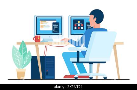 Online work of man in office or home workplace, back view vector illustration. Cartoon male employee character sitting in chair with coffee at computer monitors, programmer and developer working Stock Vector