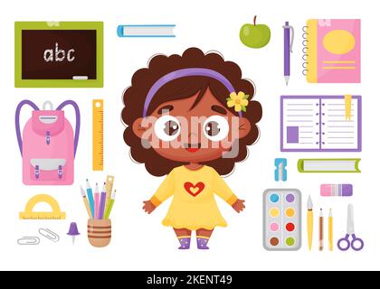 Vector set school items and schoolgirl. Cute happy black ethnic girl and study supplies. Backpack, blackboard, book, paints, colored pencils and Stock Vector