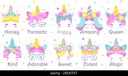Funny unicorn face prints. Queen and princess unicorns, magic fairytale pony with gold horn graphic design. Cute cartoon nowaday baby stickers Stock Vector