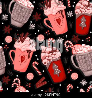 Wrapping paper with Christmas cups. Hot winter drink with marshmallows and cream. Cozy seamless pattern in hygge style. Christmas ornament. Stock Vector