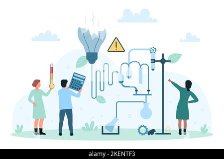 Failed laboratory experiment and science research, bad idea vector illustration. Cartoon tiny scientists break light bulb of scientific lab equipment, broken lamp, mistake and failure of chemists Stock Vector