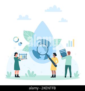 Water quality research and control vector illustration. Cartoon tiny people looking through magnifying glass at blue drop with Earth globe inside, studying microbiology and chemistry of water solution Stock Vector
