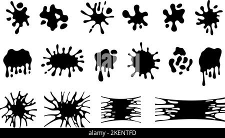 Black blobs, dribbling logo shapes. Drips and splash, amorphous abstract forms isolated. Ink trickle, melting drop and slime vector silhouettes Stock Vector