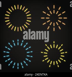 Neon shining round fireworks set. Bright frames with glowing circular lines. Vector illustration. Stock Vector