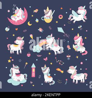 Cute cartoon unicorns on rainbow. Unicorn flat comic baby stickers, clouds and rainbows, stars elements. Pretty magic pony nowaday vector characters Stock Vector