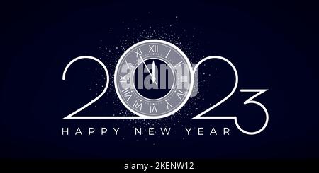Happy 2023 New Year. Holiday celebration. White number 2023 with clock instead zero and snowflakes around it. Festive countdown. Vector illustration Stock Vector