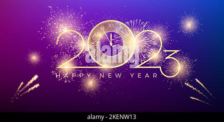 2023 Happy New Year. Gold numbers and festival clock. Celebration and firework explosion in night holiday sky. Vector illustration Stock Vector