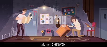 Quest rooms. Playground interior with questions and riddles puzzles and secrets exact vector cartoon background Stock Vector