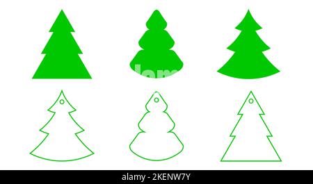 Three Christmas trees of different shapes. Silhouettes and outlines. Christmas greeting card template. Vector illustration. Stock Vector