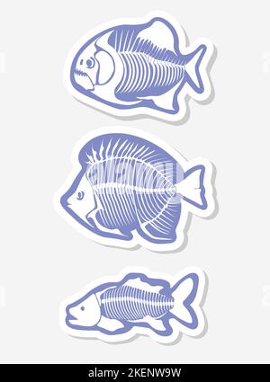 Vector sticker set with fish skeleton isolated on a white background. Stock Vector