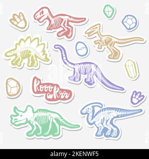 Vector sticker set with dinosaur skeleton isolated on a white background. Stock Vector