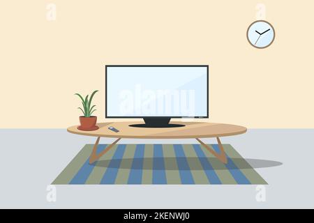 Vector realistic mockup of living room with big plasma tv on flat gray wall, black stand with modern home theater system, white sofa for watching Stock Vector