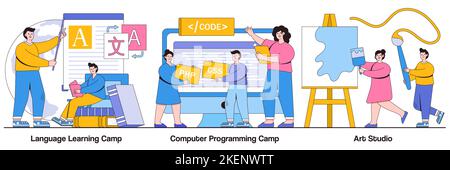 Language learning and computer programming camp, art studio concept with people characters. Gain knowledge and skills vector illustration pack. Learn Stock Vector