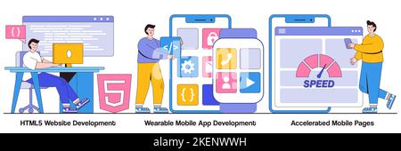 HTML5 website development, wearable mobile app, accelerated mobile pages concept with people characters. Software and frontend development vector illu Stock Vector