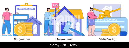 Mortgage loan, auction house, estate planning concept with people characters. Residential and commercial property illustration pack. Real estate servi Stock Vector