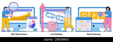 SEO optimization, link building, media planning concept with people characters. Internet business development abstract vector illustration pack. Netwo Stock Vector