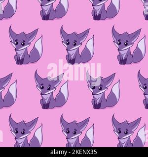 Seamless cartoon pattern with cute purple fox. Stock Vector