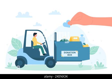 Charity, delivery of humanitarian aid vector illustration. Cartoon hand of volunteer donating, giving heart, tiny man on forklift carrying donation box with food packages. Generosity, help concept Stock Vector