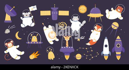 Cute astronaut animals in space travel set vector illustration. Cartoon isolated baby cosmonaut characters in fun adventure, animals in spacesuits explore galaxy universe on cosmic background Stock Vector