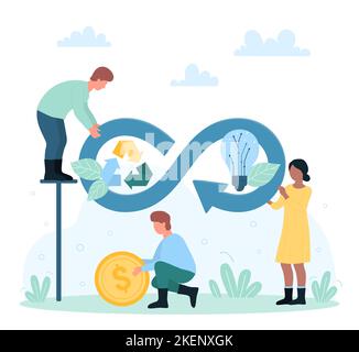 Circular economy, waste recycling, efficient energy consumption and management vector illustration. Cartoon tiny people with circulation infinity sign use sustainable sources for industry production Stock Vector