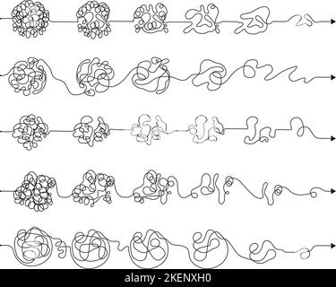 Simplification process tangled lines. From mess transition to clarity. Simple concept of problem solutions. Chaos and solving decent vector set Stock Vector