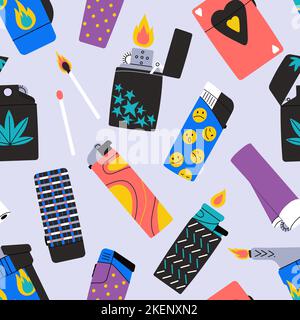 Decorative cartoon lighters seamless pattern. Burning wood match, fire and flames. Smoking accessories, gas lighter doodle decor, decent vector Stock Vector