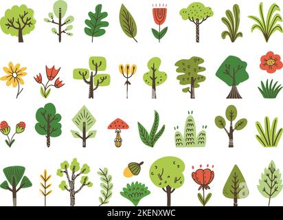 Doodle forest nature elements, scandinavian eco collection. Sketch birch, abstract flowers and trees. Garden tree and bush neoteric vector nordic set Stock Vector