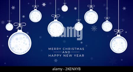 Stylized New Year greeting card cover. Holiday decoration element. Cut paper Christmas balls in blue background with snowflake. Vector illustration Stock Vector