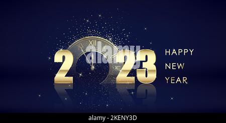 Gold 2023 numbers. Happy New Year Greeting Card. Golden clock with five minutes countdown to holiday midnight. Vector illustration Stock Vector