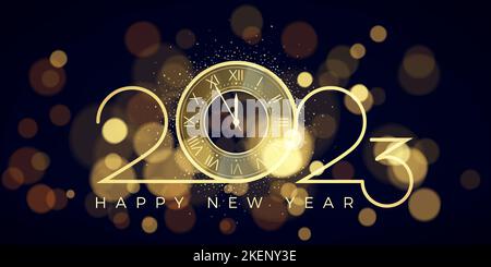 Happy New Year 2023. Gold numbers and clock with five minutes countdown. Celebration midnight. Blur light on holiday background. Vector illustration Stock Vector