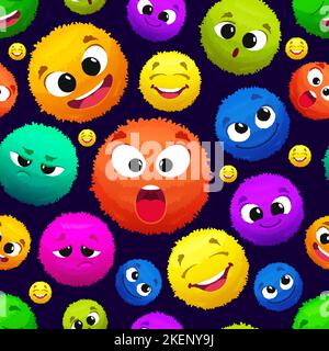 Fluffy emoticons pattern. colored round fluffy characters. Vector seamless background Stock Vector