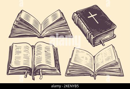 Holy Bible with Cross sketch. Hand drawn old book in vintage engraving style. Worship symbol vector illustration Stock Vector