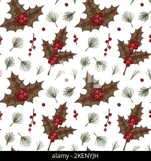 Merry Christmas and Happy New Year seamless pattern with holly leaves and berries. Vector illustration in sketch style. Festive background Stock Vector