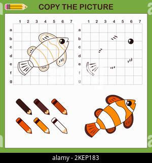 Copy drawing of Clown fish. Vector draw worksheet with cute fish. Stock Vector