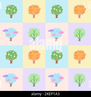 Seamless pattern pastel colors. Seasons four trees at different times of year Stock Vector