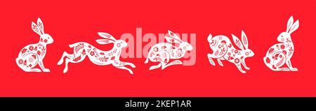 Collection of rabbits, bunnies illustrations. Chinese new year 2023 year of the rabbit - set of traditional Chinese zodiac symbol, illustrations, art Stock Vector