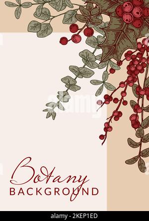 Merry Christmas and Happy New Year vertical greeting card with hand drawn holly leaves and berryes. Festive colorful background. Stock Vector