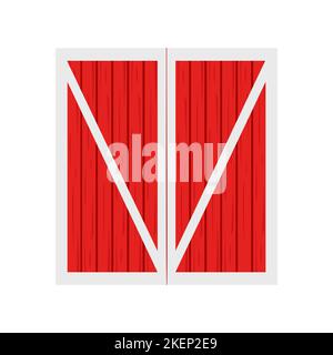 Red wooden barn door. Front view. Element of farm warehouse building isolated on white background. Vector cartoon illustration. Stock Vector