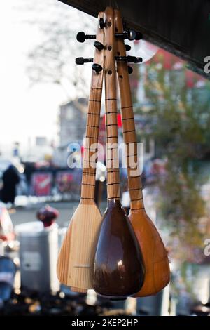 Set of Turkish musical instrument saz in a bazaar Stock Photo