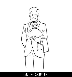 smiling male waiter in tuxedo and gloves holding food cover tray and napkin illustration vector hand drawn isolated on white background line art. Stock Vector
