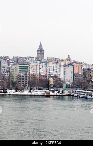 View of the Galata Tower from the Golden Horn of Istanbul Stock Photo