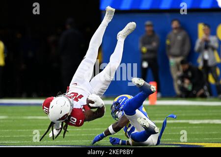 Los Angeles Rams cornerback Jalen Ramsey (5) grabs the jersey of Carolina  Panthers quarterback PJ Walker (11) for a sack during an NFL football game  Sunday, Oct. 16, 2022, in Inglewood, Calif. (