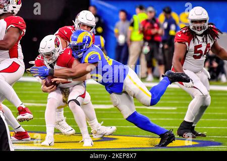 November 13, 2022 Inglewood, CA.Los Angeles Rams tight end Tyler Higbee #89  catches the pass, tackled by Arizona Cardinals linebacker Ben Niemann #56  in action in the second quarter during the NFL