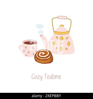 Hand drawn illustration of cozy teatime, pink kettle with a cup of tea and cinnamon roll Stock Vector