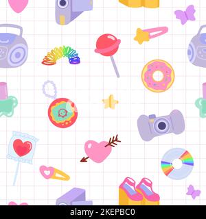 Seamless pattern with y2k stuff 2000s nostalgia Stock Vector