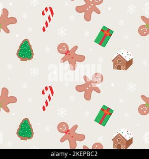 Cozy seamless pattern with gingerbread man and house with snowflakes Stock Vector