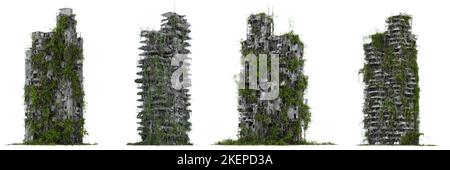 set of ruined skyscrapers, overgrown post-apocalyptic buildings isolated on white background Stock Photo
