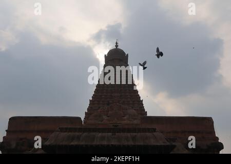 Tanjore Brihadeeswara Temple looks beautiful in the dark in the evening. Stock Photo