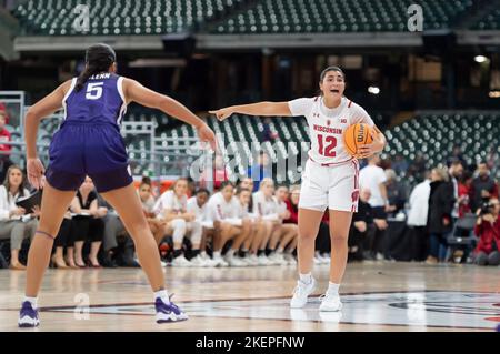 Milwaukee, WI, USA. 11th Nov, 2022. Wisconsin Badgers guard Avery LaBarbera #12 directs her teammates as Kansas State Wildcats guard Brylee Glenn #5 defends during NCAA basketball game between the Kansas State Wildcats and the Wisconsin Badgers at American Family Field in Milwaukee, WI. Kansas State defeated Wisconsin 77-63.Kirsten Schmitt/CSM/Alamy Live News Stock Photo